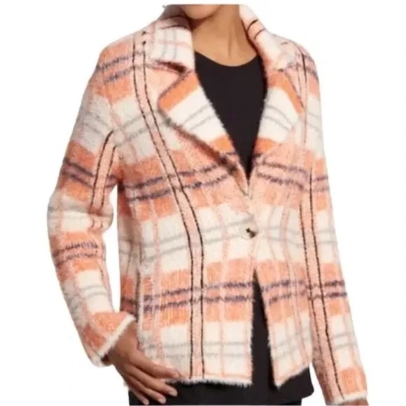 Soft Surroundings  Briony Soft Orange Plaid Sweater Jacket size small - Picture 5 of 9